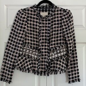 Rebecca Taylor Black Pink White Plaid Tweed Fringe Lady Jacket Size 0